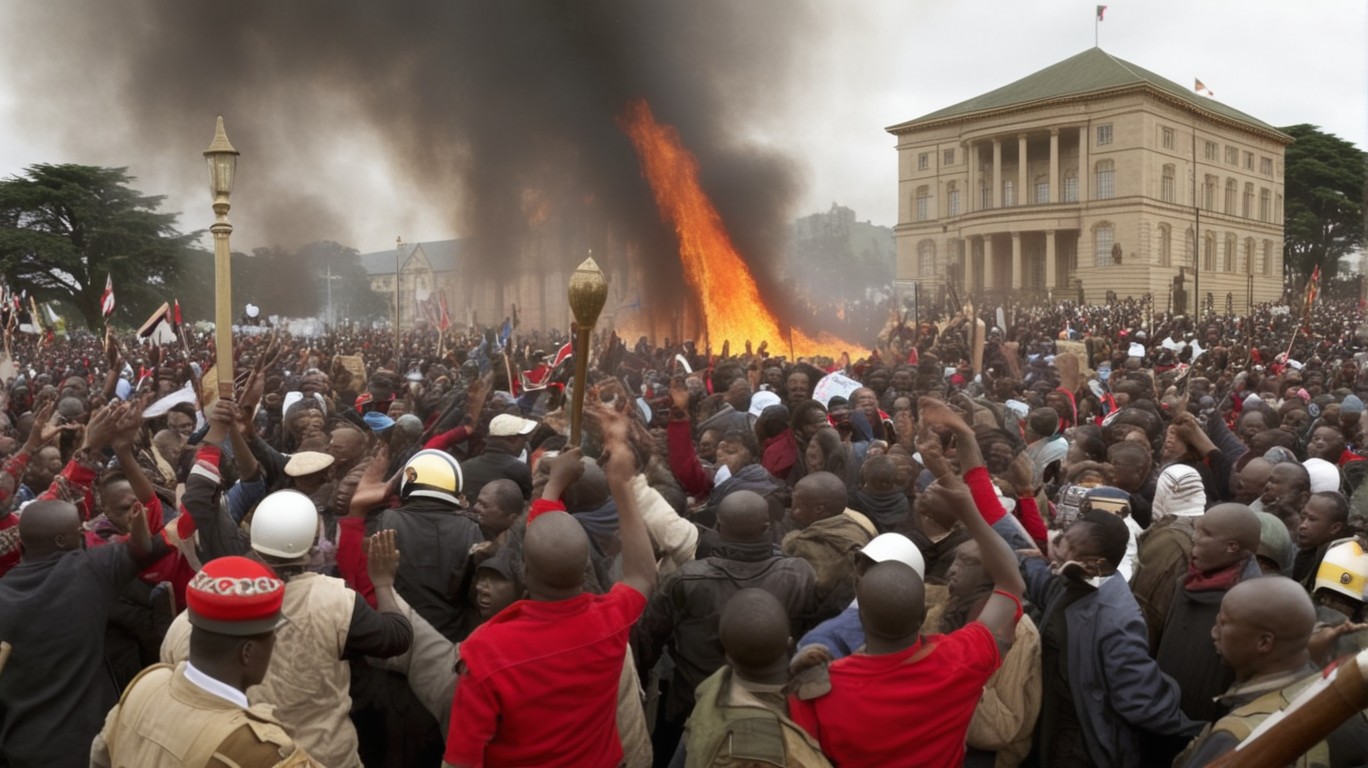 Scene: Kenyan citizens protesting new tax laws in Nairobi; Parliament building engulfed in flames; unrest escalating into riotous mayhem; ceremonial mace taken by protesters; ten casualties and over fifty injured due to law enforcement's response.

Stable Diffusion prompt: A chaotic protest breaks out in the heart of Nairobi, where Kenyan citizens are incensed by recently enacted tax laws. Flames engulf the Parliament building as demonstrators storm it, taking a ceremonial mace as a symbol of defiance. Amid escalating unrest, ten protesters lose their lives, and more than fifty others suffer grievous injuries as law enforcement opens fire on the dissenting crowd.