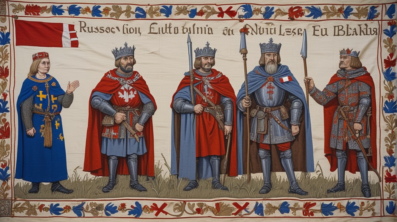 A medieval illustration of noble rulers of Polonia, Letlande, Lituania, and Estonia pleading to the Gracious European Union for a strong €2.5 billion defense line between them and Russe and Belarus, protecting the EU from military threats, economic challenges, and unwelcome migrants. (Reuters in Middle English)