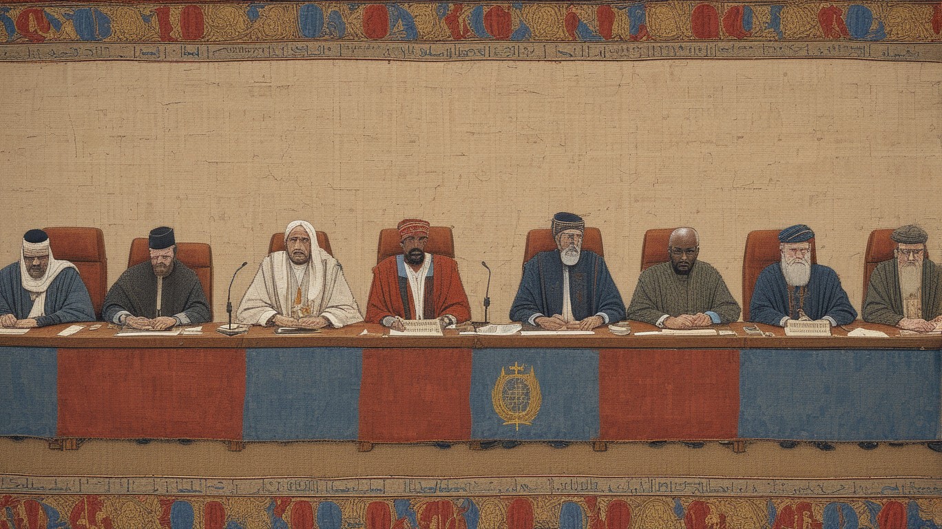 A portrait of the International Criminal Court in session, its judges' stern visages reflecting solemn gravity as they condemn Malian Islamist Al Hassan Ag Abdoul Aziz, a notorious leader of the malevolent group Ansar Dine, for committing heinous acts including war crimes and crimes against humanity. 