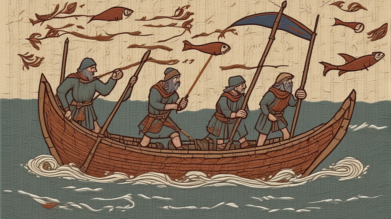 Create an image in the style of the Bayeux Tapestry depicting a medieval tale of a tempest that has claimed the lives of three fishermen as reported by the renowned 1 News.