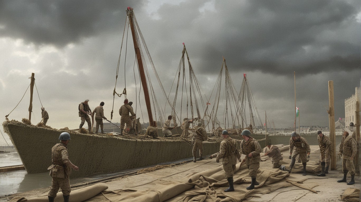 A scene of the US military dismantling the problematic Gaza afloat dock for the third time due to harsh weather, as reported by Llamas' News.

The composition should focus on the massive structure being deconstructed piece by piece against a dramatic sky, with military personnel working diligently in the background.