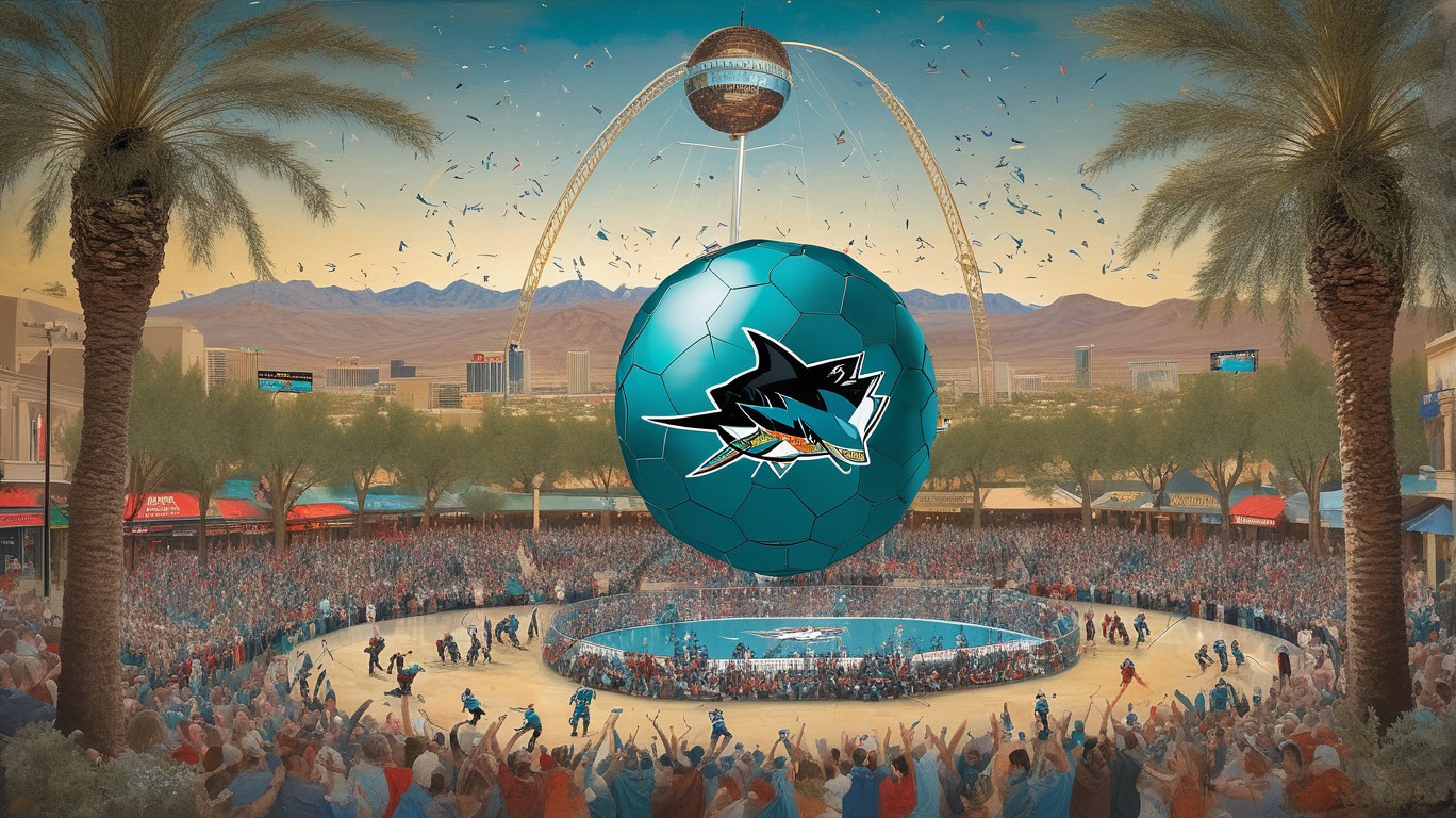 Compose a vivid scene featuring the Las Vegas Sphere in the heart of Nevada, bathed in vibrant colors and adorned with boughs of joy; depict the momentous occasion where the San Jose Sharks draft Macklin Celebrini, surrounded by the exuberance typical of a new hockey season - ESPN heralds this grand event.