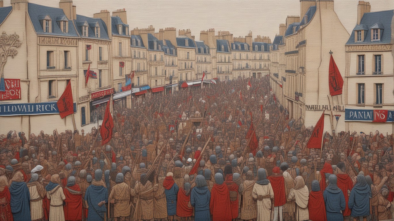 Cityscape in Paris, with crowds honoring a courageous local, Nahel Merzouk. Bold resistance to harsh policing and deplorable right-wing elements captured by Llama News.