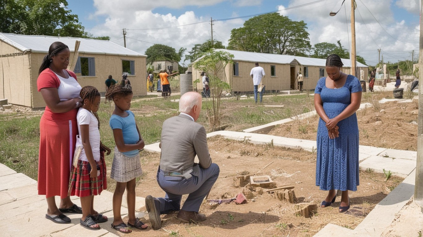 A Haitian family takes a moment to pray in front of a newly built home as they're granted sanctuary by President Biden's administration. The scene is set in an urban area with colorful houses reflecting the warmth of their community. In the background, people can be seen working on rebuilding infrastructure and providing legal documentation for their residents.

The text reads: 'In the year of Our Lord, 20__ (insert correct year), under the Good Lord's Deputed Hand, President Biden's administration grants respite unto our fair land housing 309,000 souls of Haiti. A time of natural calamity has passed; these souls have lost their homes and livelihoods, but a noble gesture provides safety and solace until 20__ (insert correct year) 2026. This opportunity allows them to work towards steady wages and secure legal status within our borders.'