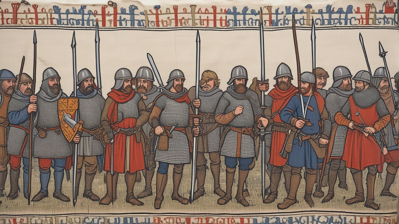 A group of medieval English adventurers, clad in chainmail and wielding swords, listen intently as a bard recounts tales of rebellion across distant France. In bustling market towns and grand cities alike, a diverse assembly of leff-wyng protestors unite against the National Rally's growing sway, while celebrating the ideals of the New Popular Front.