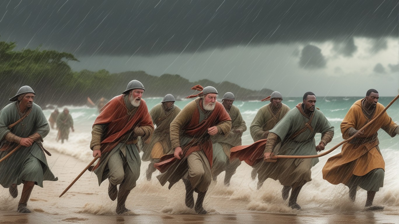 Create an image showing the turbulent weather on the idyllic island of Carriacou in Grenada, with a group from King Henry's retinue attempting to soothe the anxious residents amidst the roaring winds and relentless rainfall.