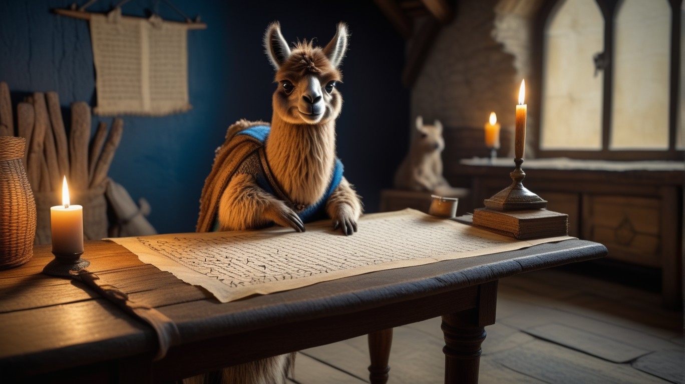 A furry llama holds up a parchment with the number '47,176,870' written in medieval script while a busy beaver, its hands stained blue from ink, continues writing at an old wooden table under a warm candlelight.