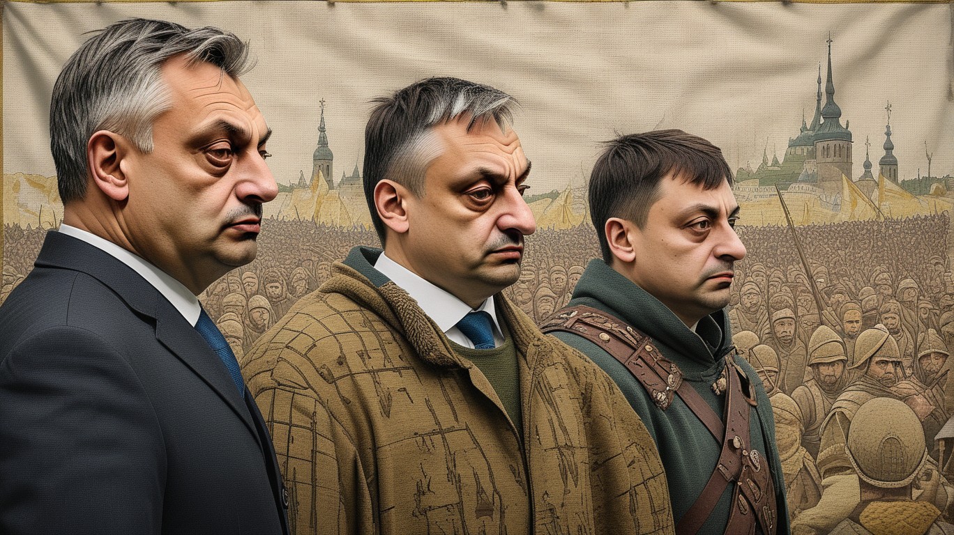 A stern-faced Orbán stands before the war-torn backdrop of Kyiv, extending a ceasefire plan to President Zelenskyy who looks visibly displeased, highlighting their unmet peace endeavor.