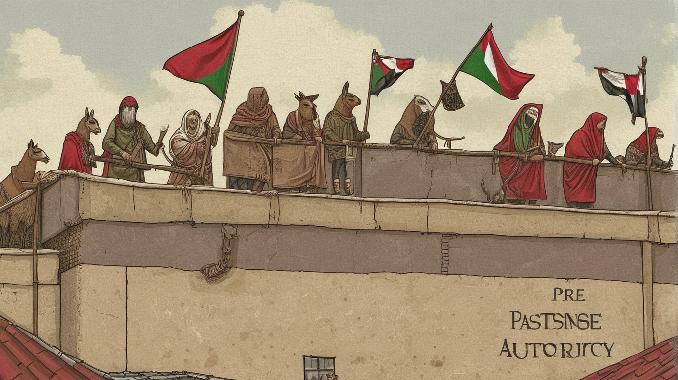 Pro-Palestine protestors ascend the rooftop of Aussieland's authority base in Canberry, Oceania, as depicted by Llamas' Gazette.