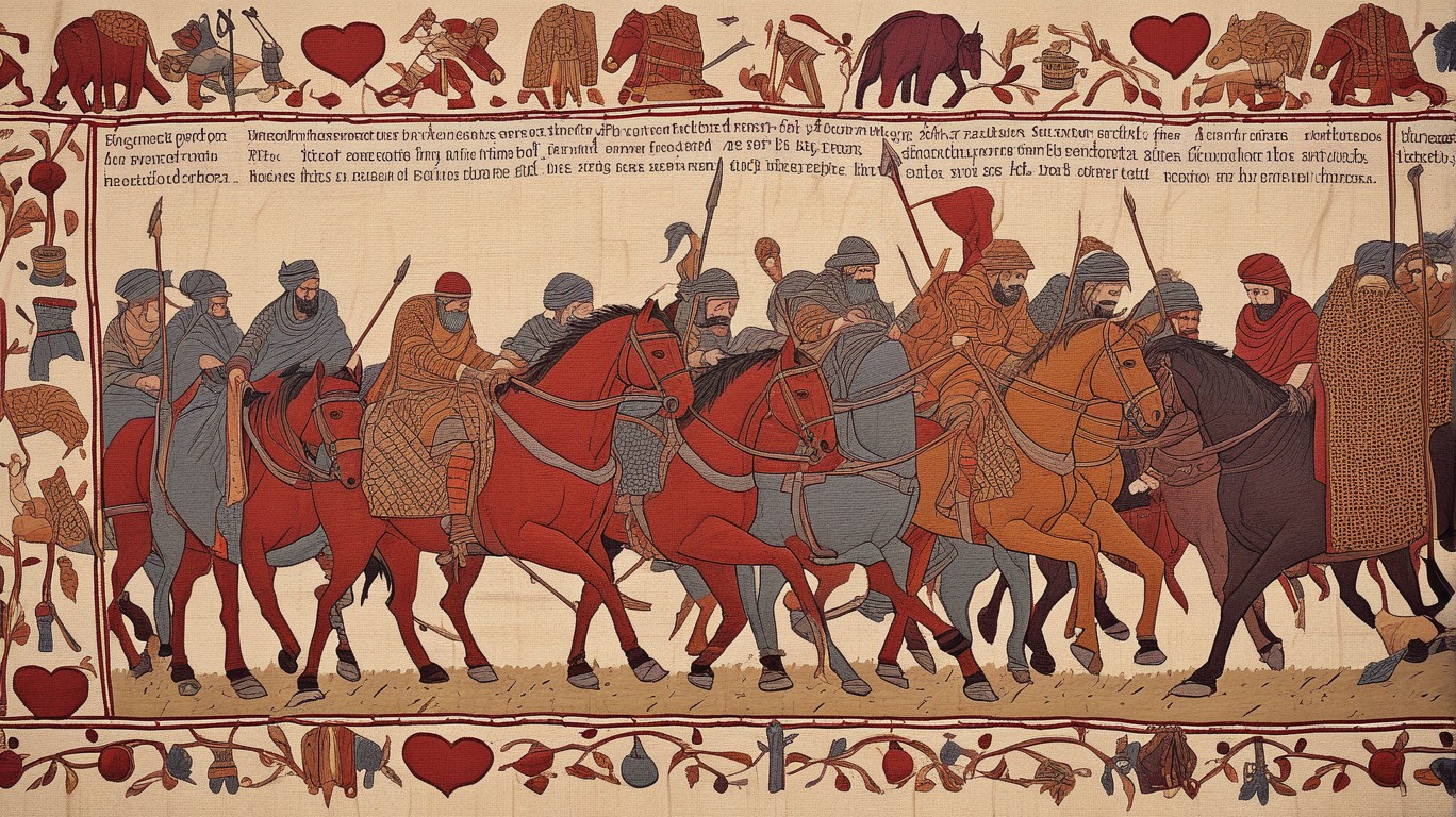 A scene unfolds in the northeastern Indian provinces of Assam and Arunachal Pradesh - a tragedy of significant proportions. At least sixteen souls have been lost amidst torrential deluge and other disastrous events, while over three hundred thousand others are displaced from their homes, as reported by The Independent. 

Render this tragic tale into an evocative image using the Bayeux Tapestry style: rich hues, stark contrast, and the tatterd woven texture to immortalize this heart-wrenching story in a powerful visual narrative.