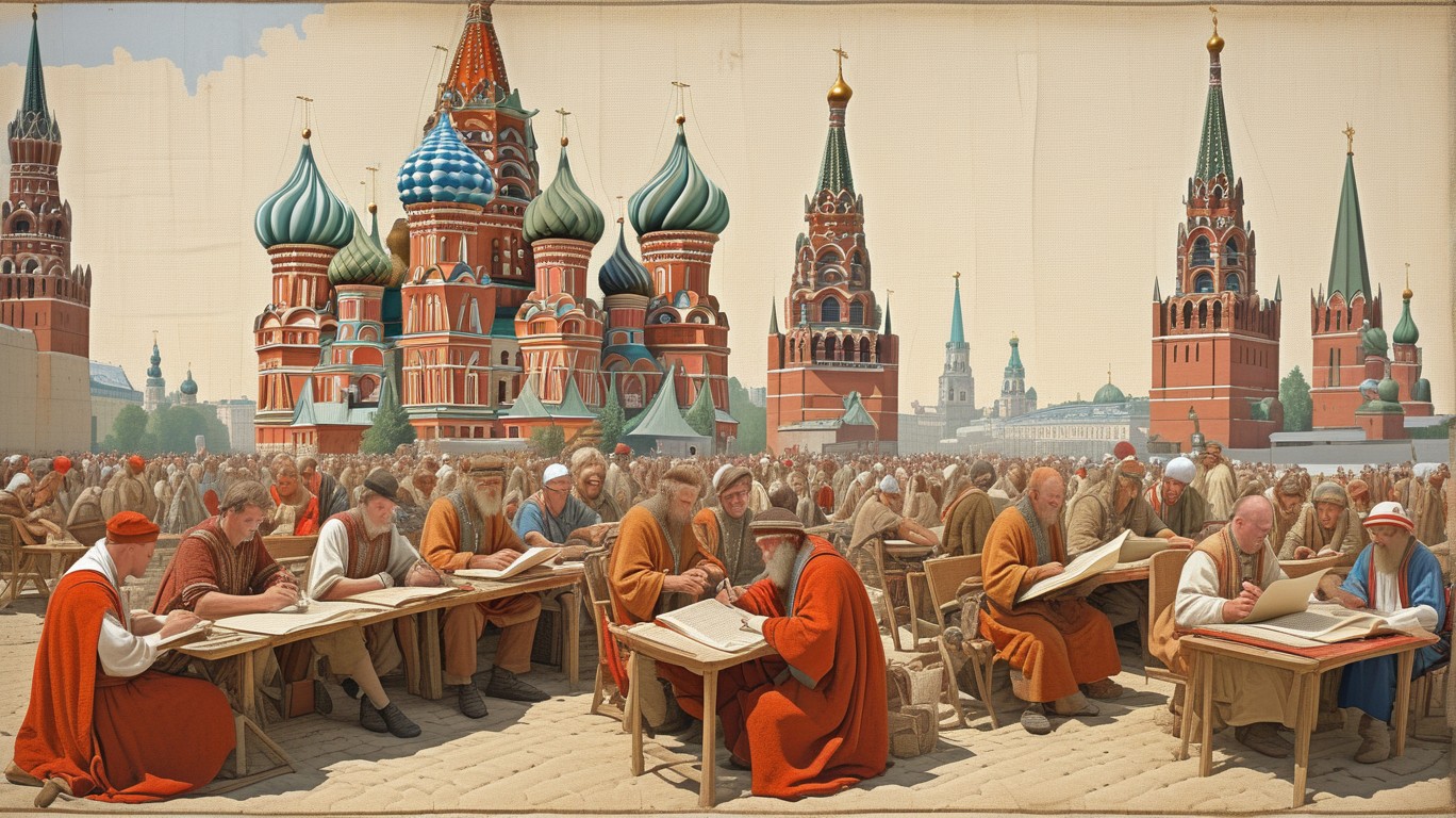 A medieval scribe transcribes a chronicle of extreme heat in the great city of Moscow with an iconic Russian cathedral and bustling citizens in traditional attire against a backdrop of an unusually sweltering summer day, as reported in the esteemed The Moscow Times and corroborated by the noble news gatherers at Reuters.