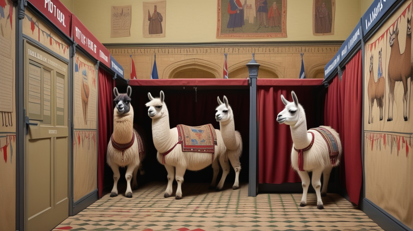 A surreal setting places friendly llamas inside British polling booths. This whimsical scene paints a picture of the entire UK Parliament being chosen, with a resounding victory for Starmer's Labour force, as accurately predicted by exit polls.