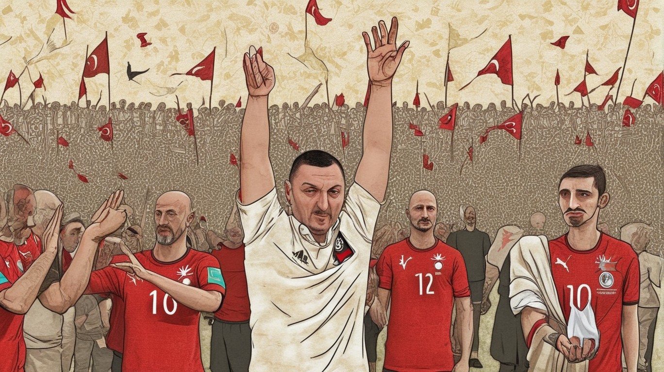 Scene: UEFA Euro 2024 match in Leipzig, Germany.
Tension between nations escalating due to a wolf salute by Turkey's ambassador, Merih Demiral.

Prompt: Create an illustration capturing the tension and rivalry between Germany and Turkey during the UEFA Euro 2024 match in Leipzig, featuring Turkey's ambassador, Merih Demiral, giving a wolf salute amidst celebration.