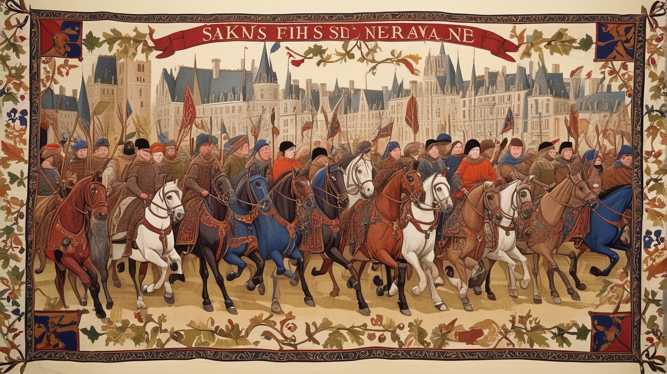 In a scene reminiscent of the Bayeux Tapestry, the illustrious Hudson's Bay Company celebrates their triumphant merger of Saks Fifth Avenue and acquisition of Neiman Marcus and Bergdorf Goodman department stores for a staggering $2.65 billion. The medieval illustration captures the grandiose display of financial prowess as these venerable companies now fall under one mighty wing!