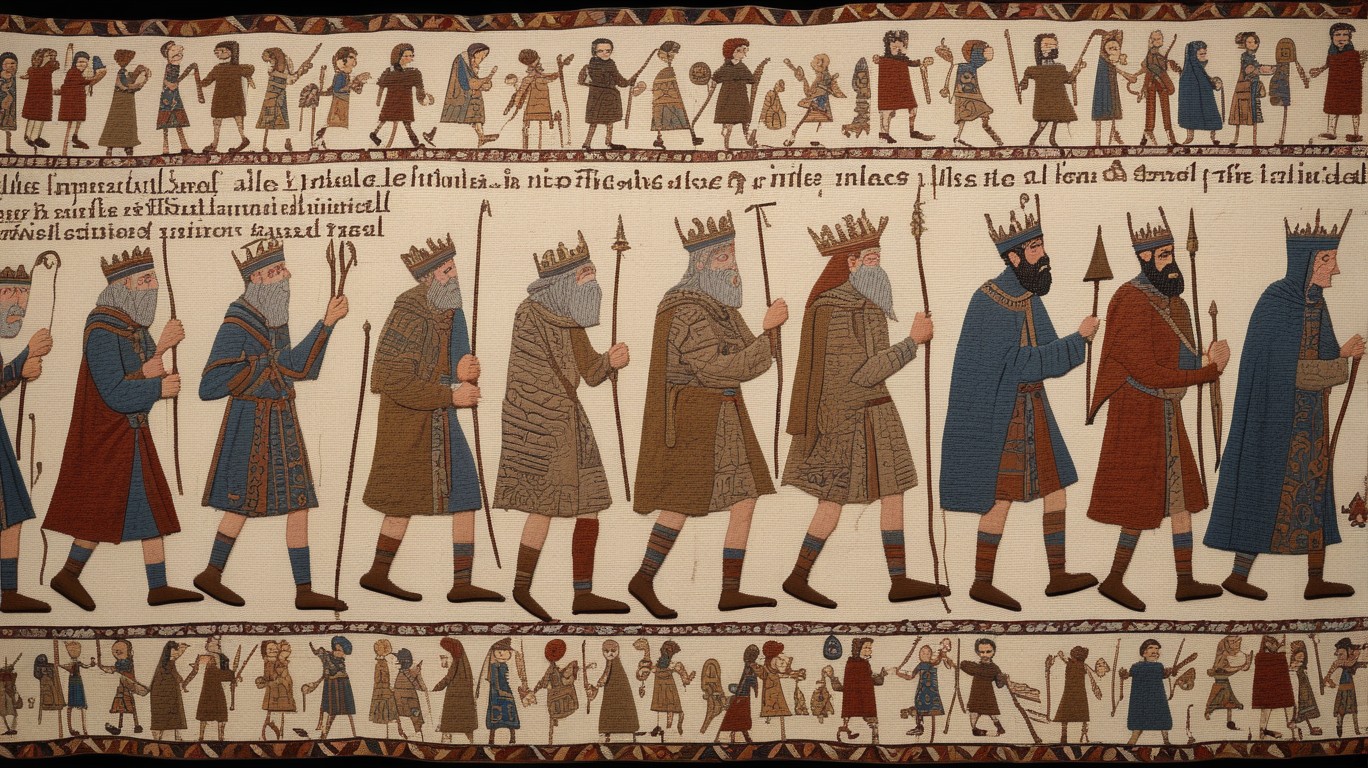 A news headline reports eleven individuals passing while 153 more are affected by West Nile's continuous affliction in the cherished land of Israel, all depicted against a background reminiscent of the Bayeux Tapestry's medieval illustration aesthetic and tattered woven texture.