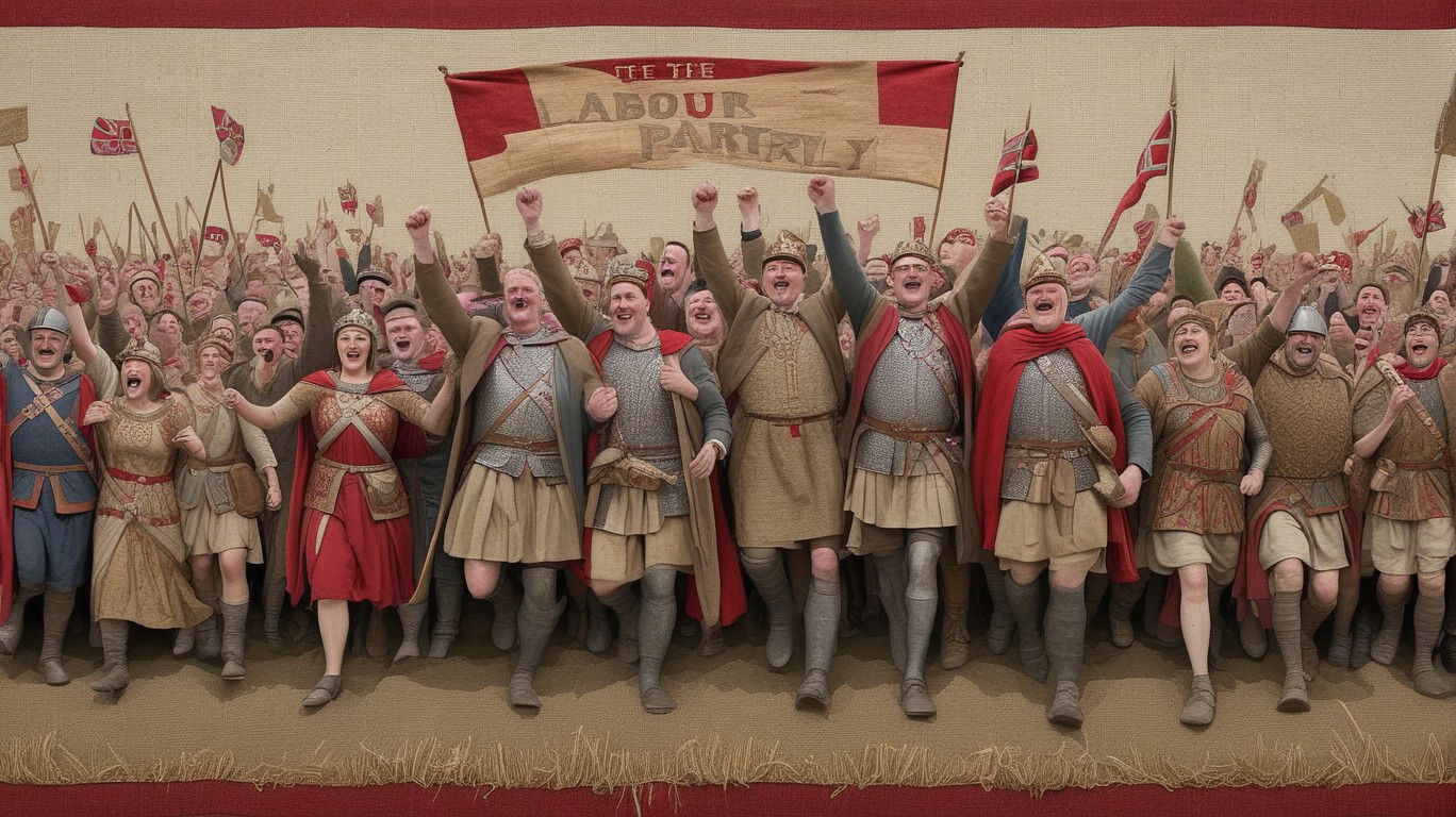 A triumphal scene unfolds: The Labour Party celebrating their victory in the General Election. Prime Minister Keir Starmer stands out amidst the jubilant crowd, his ascent to power encapsulated in this moment.